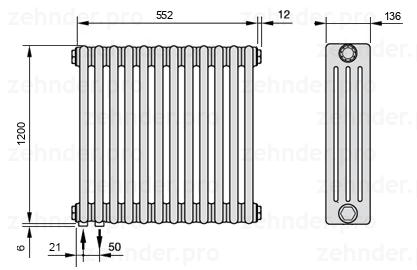 Схема (чертеж) Радиатор Zehnder Charleston 4120/12 №3370 Белый глянцевый RAL 9016